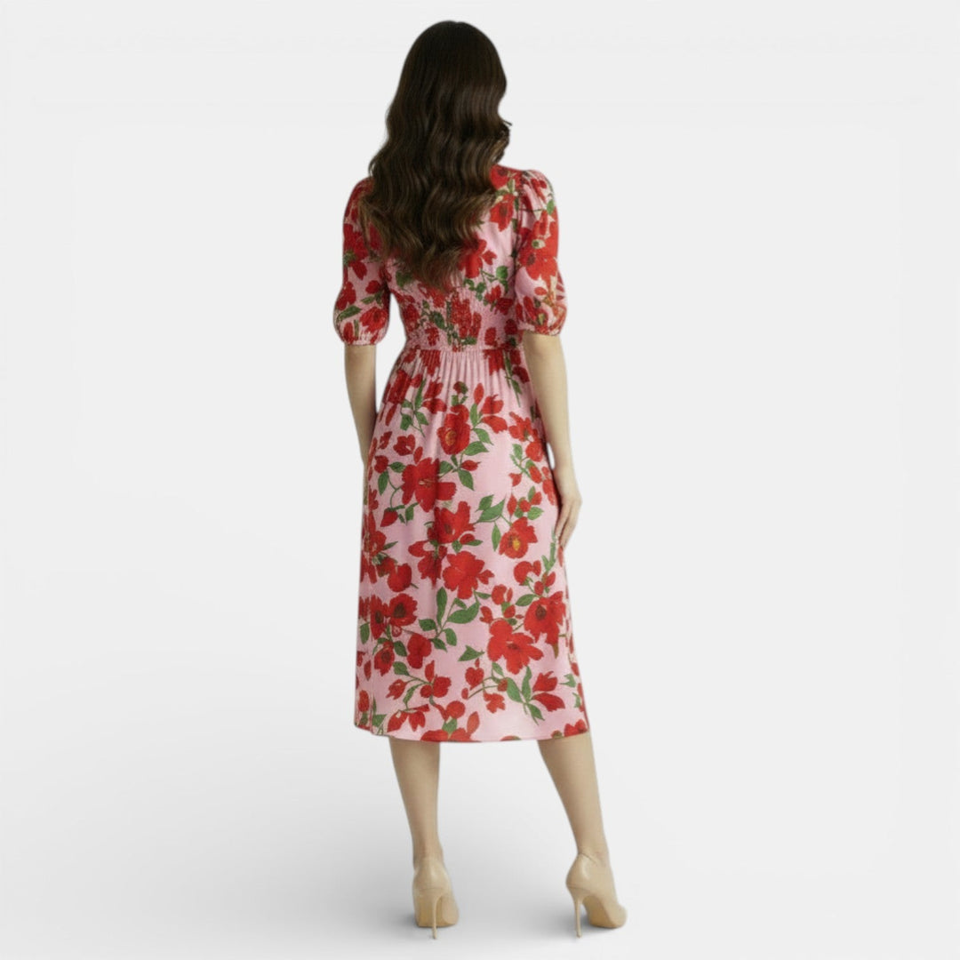 Vestido Midi Floral Mujer Cuello V Ajustado
