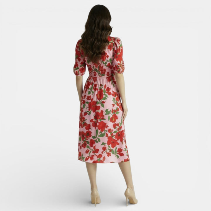 Vestido Midi Floral Mujer Cuello V Ajustado
