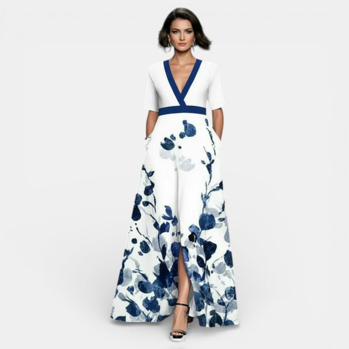 Vestido Largo Floral Mujer Cuello V con Abertura