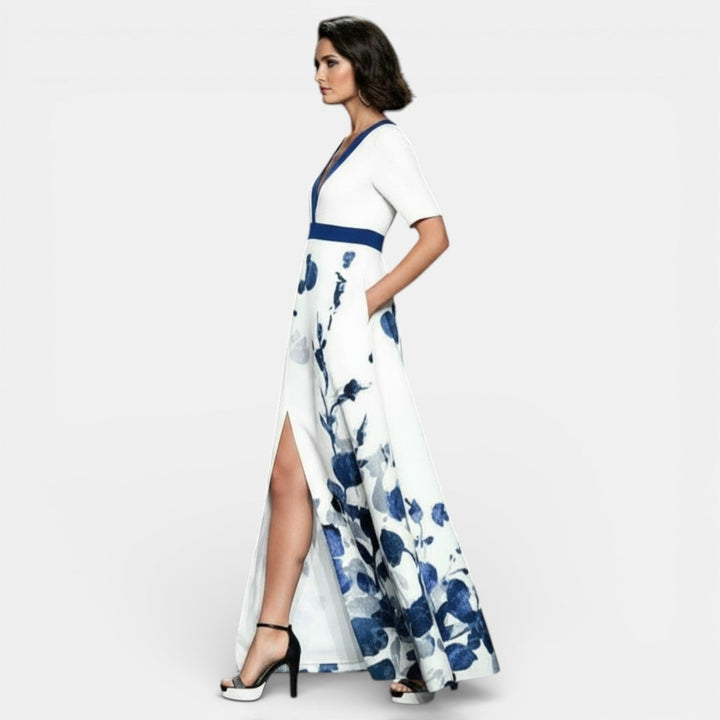Vestido Largo Floral Mujer Cuello V con Abertura