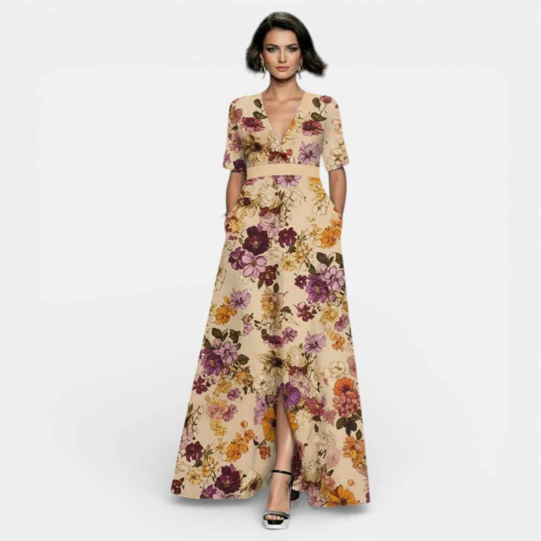 Vestido Largo Floral Mujer Cuello V con Abertura
