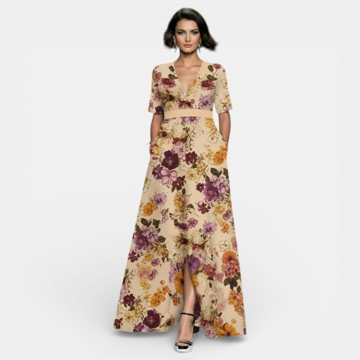 Vestido Largo Floral Mujer Cuello V con Abertura