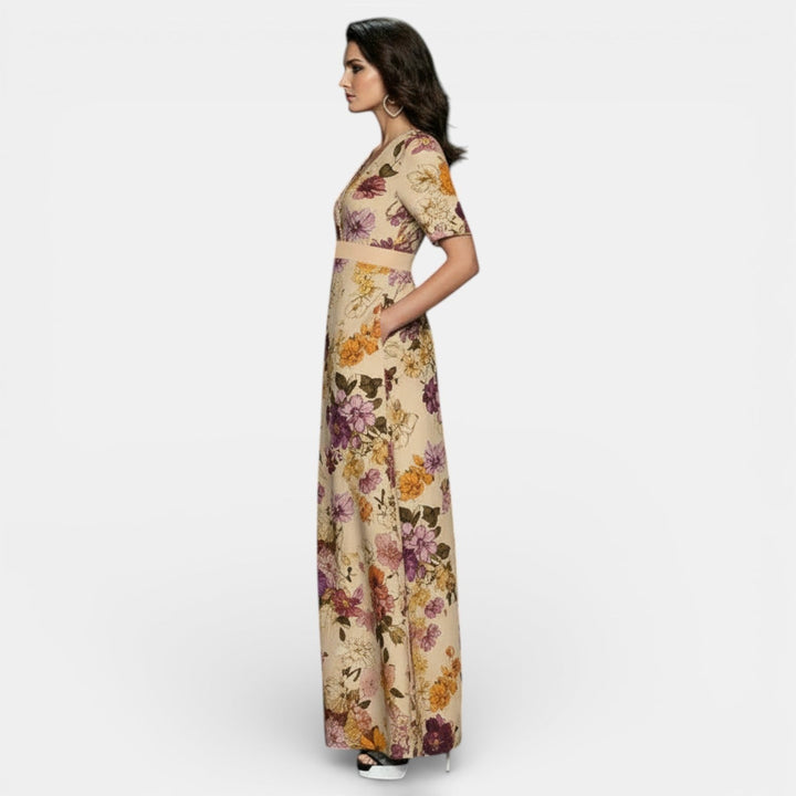 Vestido Largo Floral Mujer Cuello V con Abertura