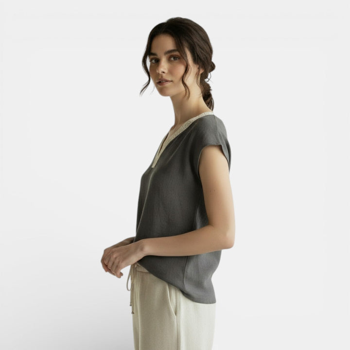 Blusa Boho Mujer Algodón Lino Encaje