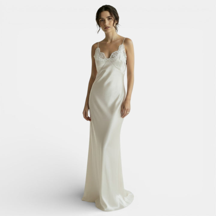 Vestido Satén Largo Encaje V