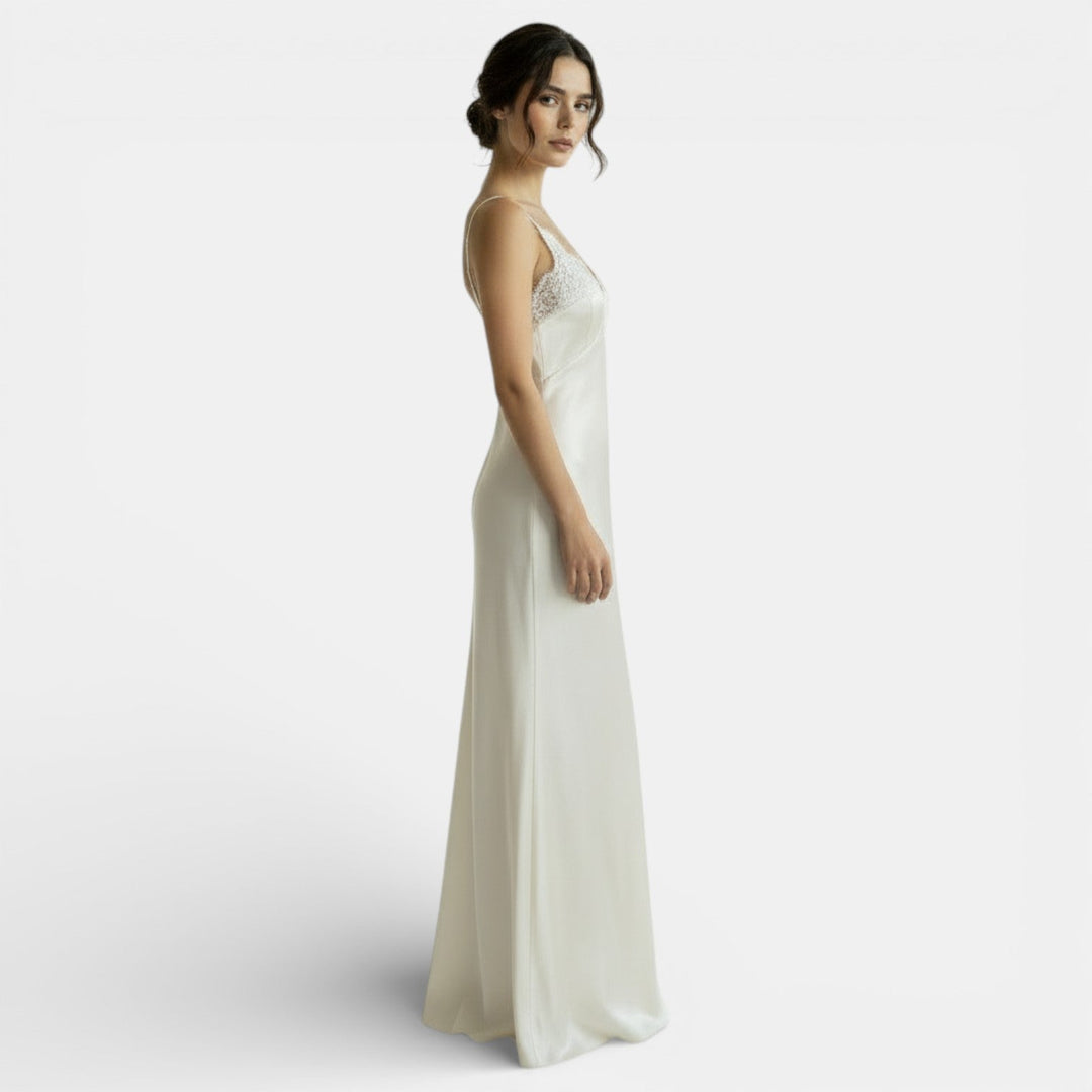 Vestido Satén Largo Encaje V