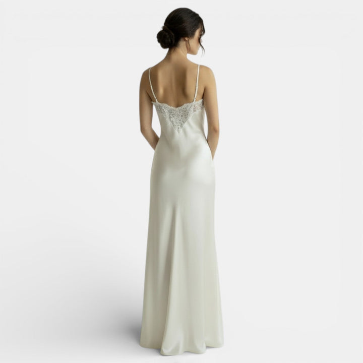 Vestido Satén Largo Encaje V