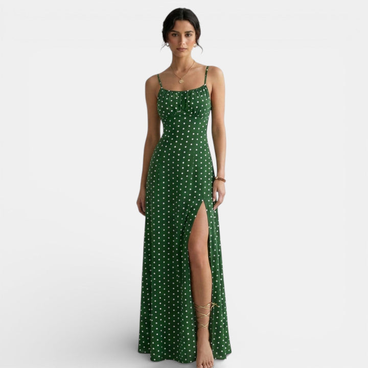 Vestido Largo Lunares Mujer con Tirantes y Abertura