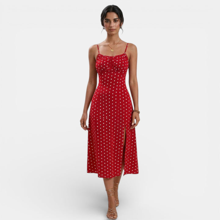 Vestido Largo Lunares Mujer con Tirantes y Abertura