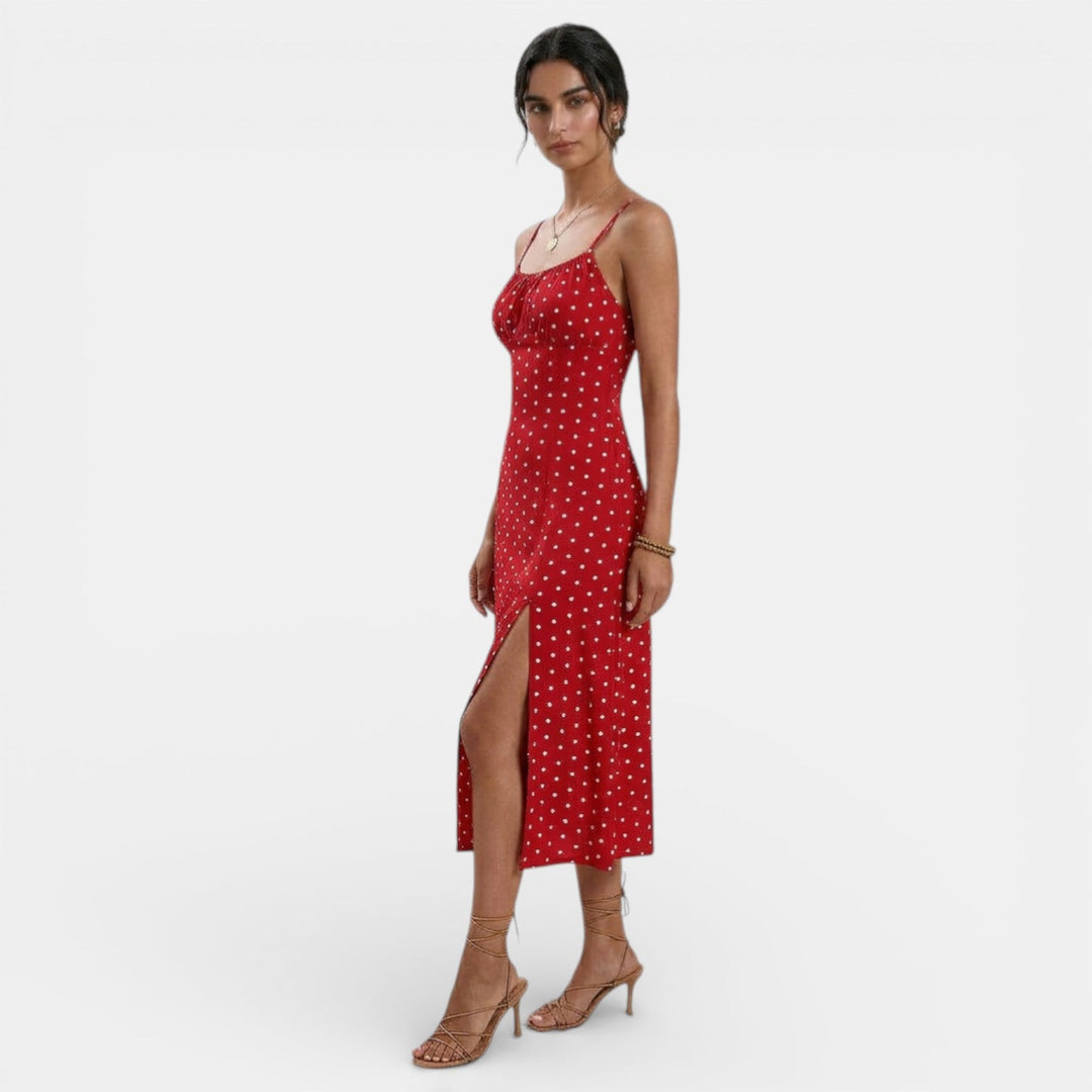 Vestido Largo Lunares Mujer con Tirantes y Abertura