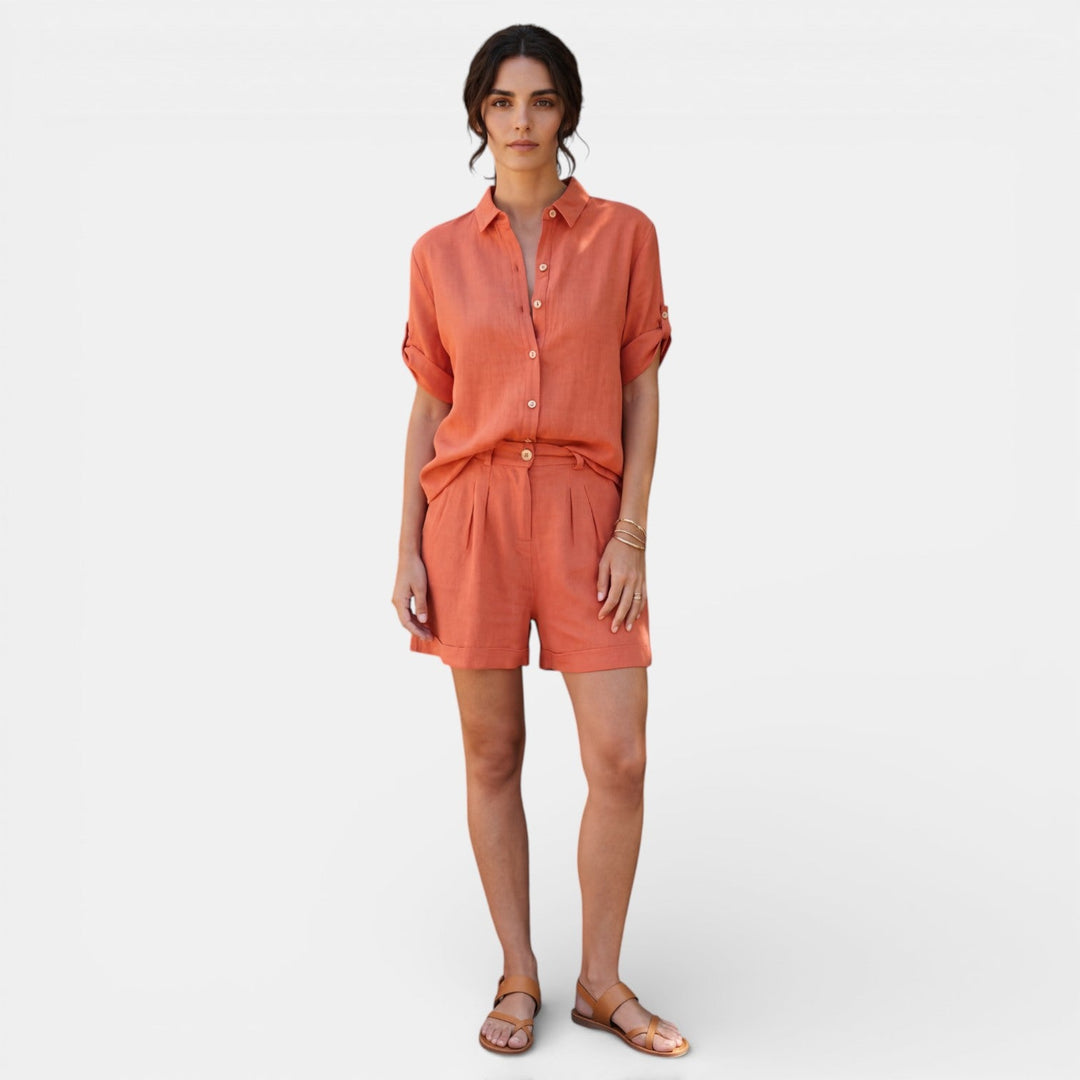 Conjunto Mujer Camisa Lino Algodón Manga Media