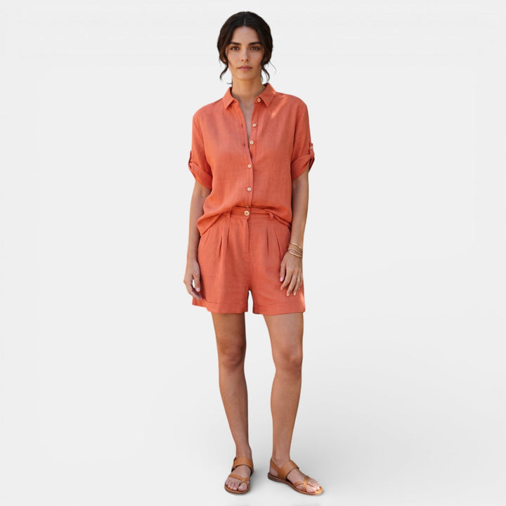 Conjunto Mujer Camisa Lino Algodón Manga Media