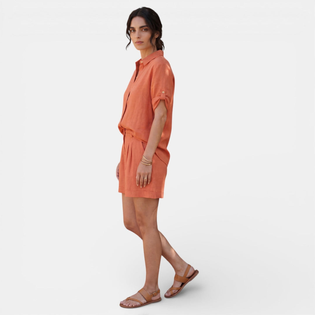 Conjunto Mujer Camisa Lino Algodón Manga Media