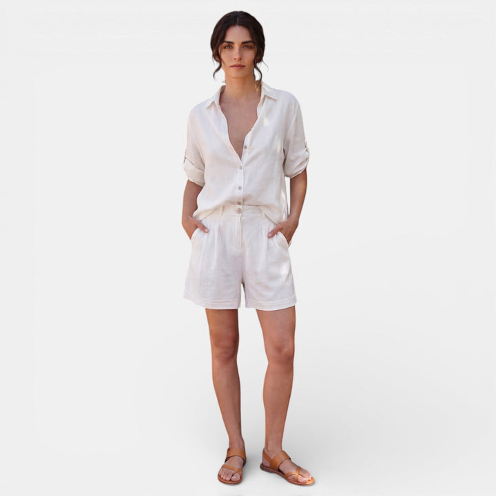 Conjunto Mujer Camisa Lino Algodón Manga Media