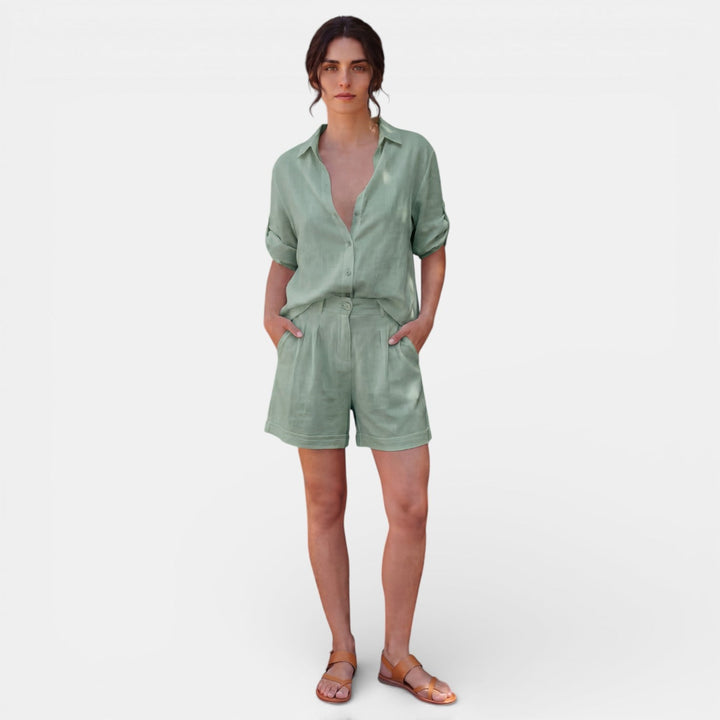 Conjunto Mujer Camisa Lino Algodón Manga Media