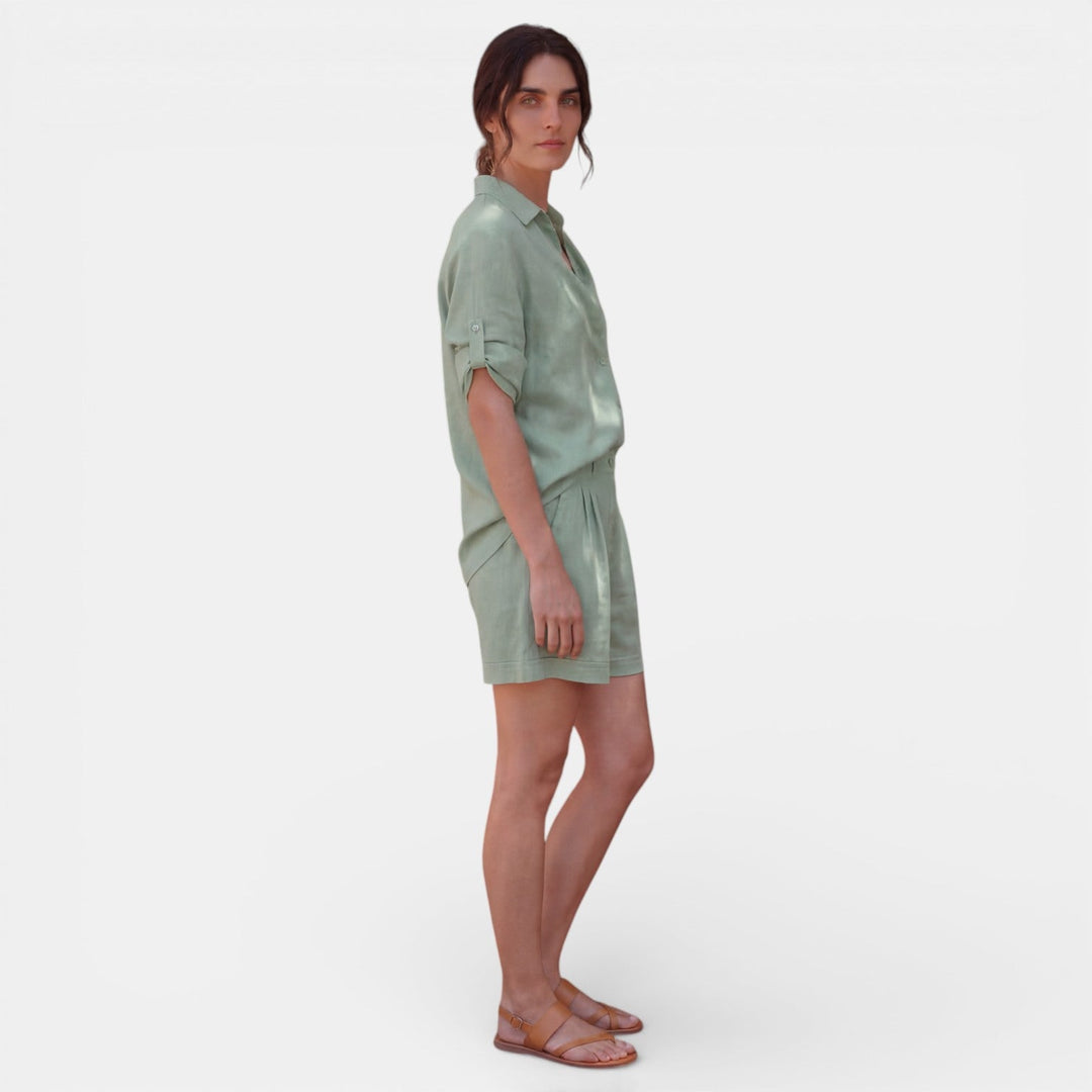 Conjunto Mujer Camisa Lino Algodón Manga Media