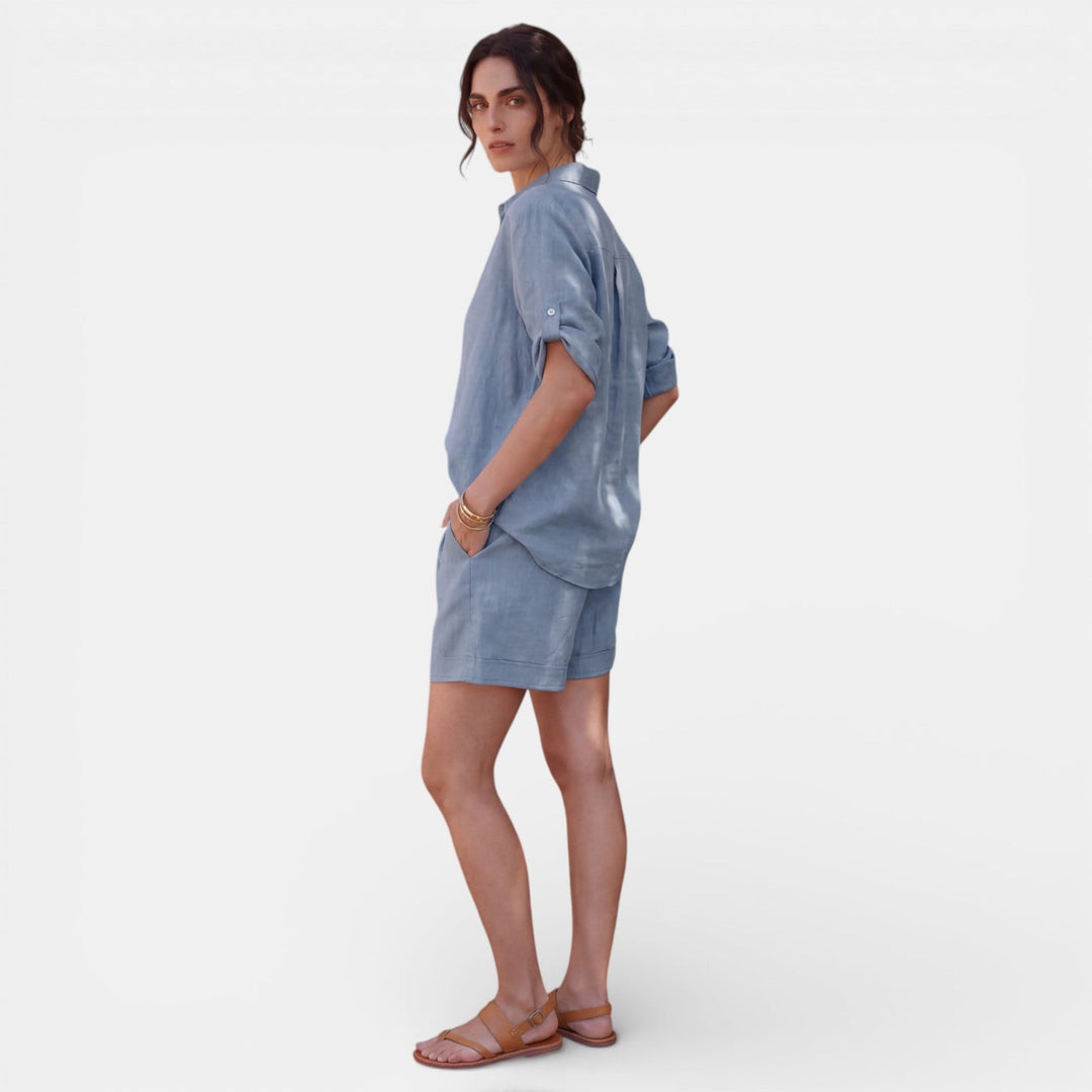 Conjunto Mujer Camisa Lino Algodón Manga Media