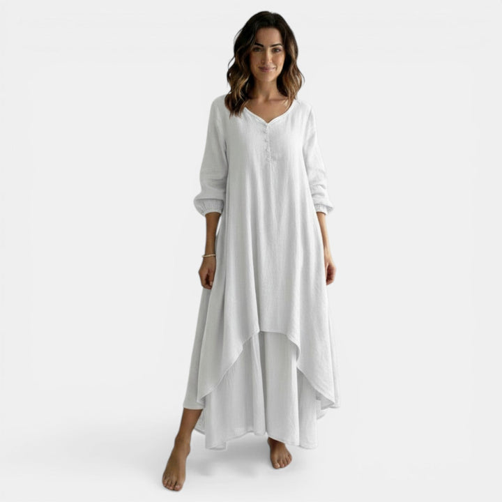Vestido Boho Mujer Lino y Algodón Cuello V