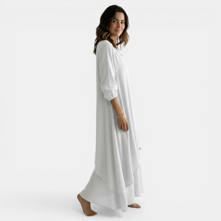 Vestido Boho Mujer Lino y Algodón Cuello V
