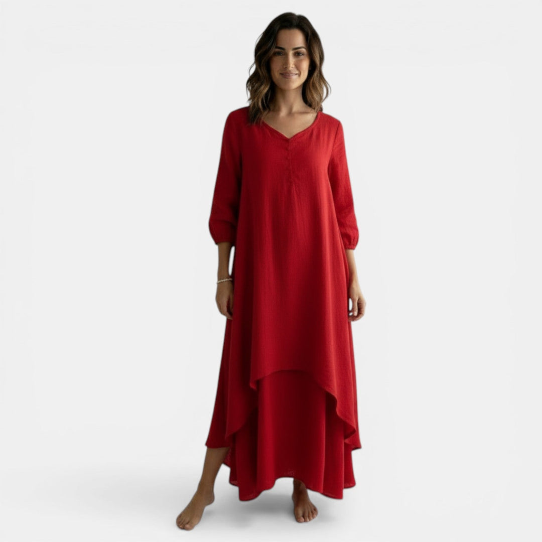 Vestido Boho Mujer Lino y Algodón Cuello V