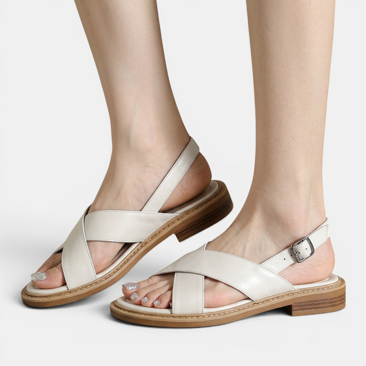 Sandalias Beige Mujer Tiras Cruzadas Piel