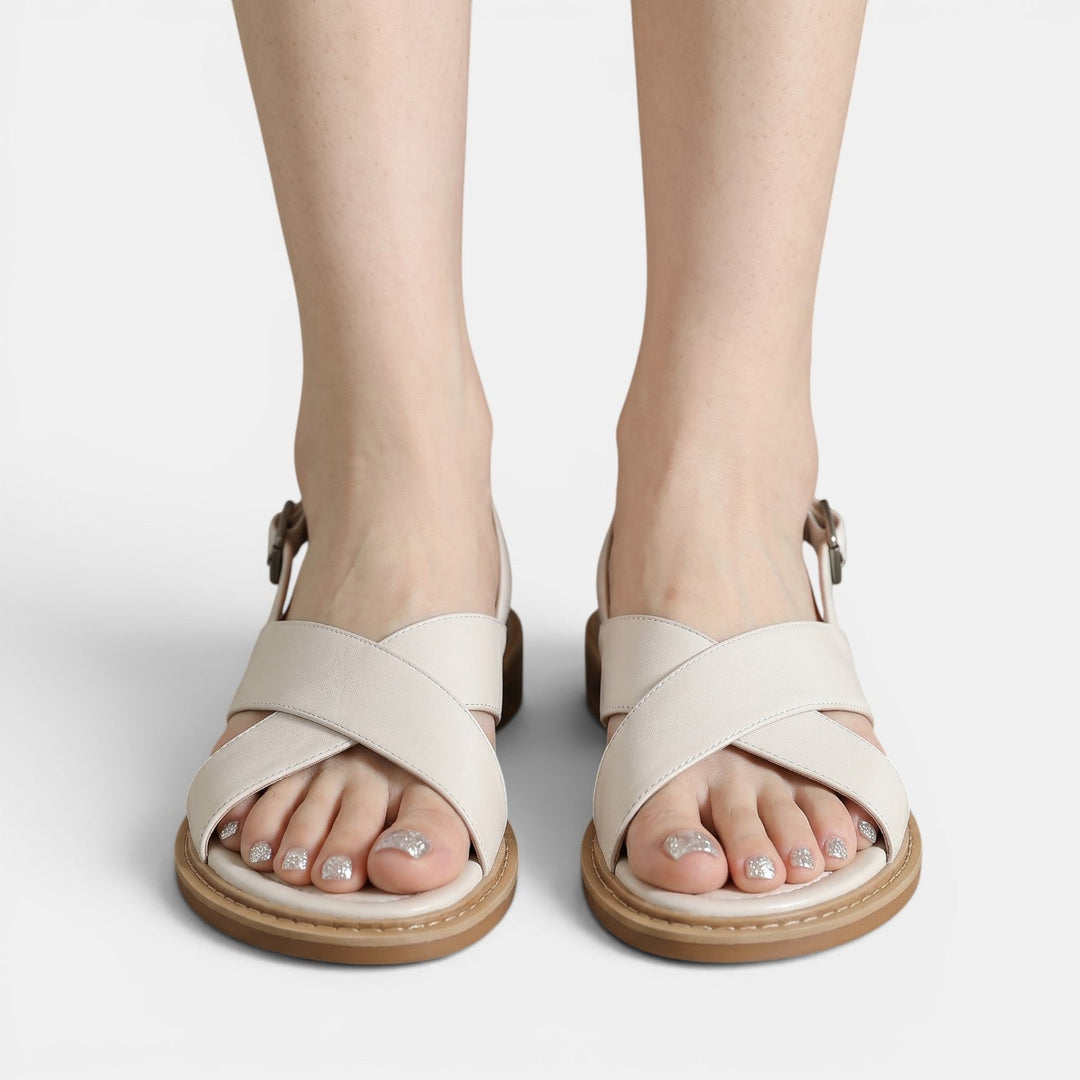 Sandalias Beige Mujer Tiras Cruzadas Piel