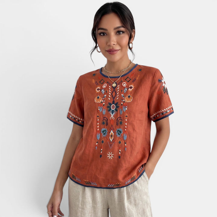 Camiseta Bordada Lino Mujer