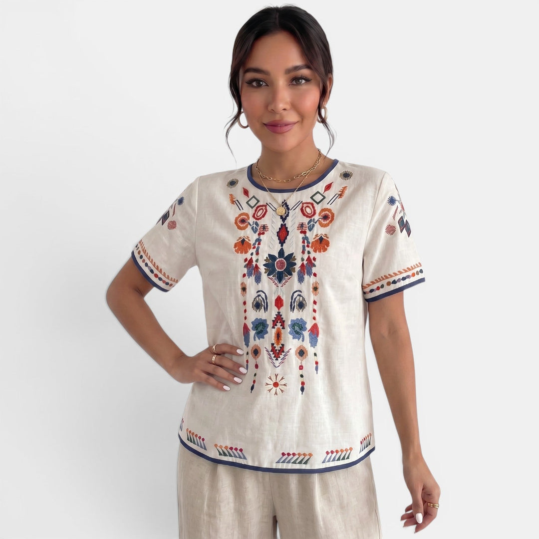 Camiseta Bordada Lino Mujer
