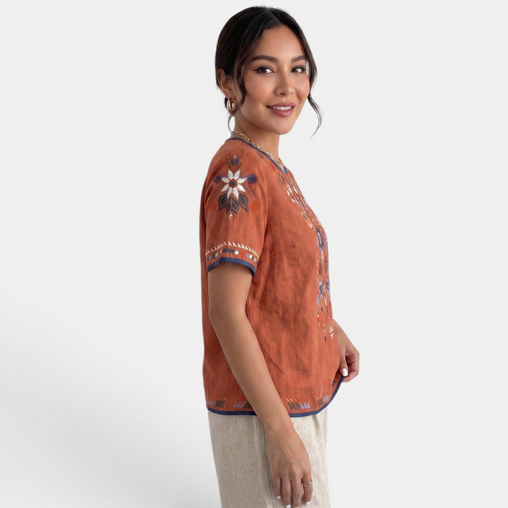 Camiseta Bordada Lino Mujer