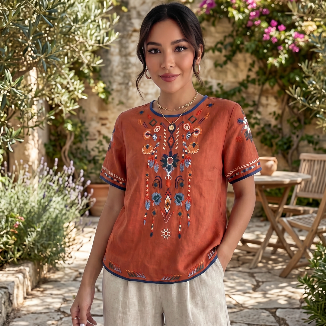 Camiseta Bordada Lino Mujer