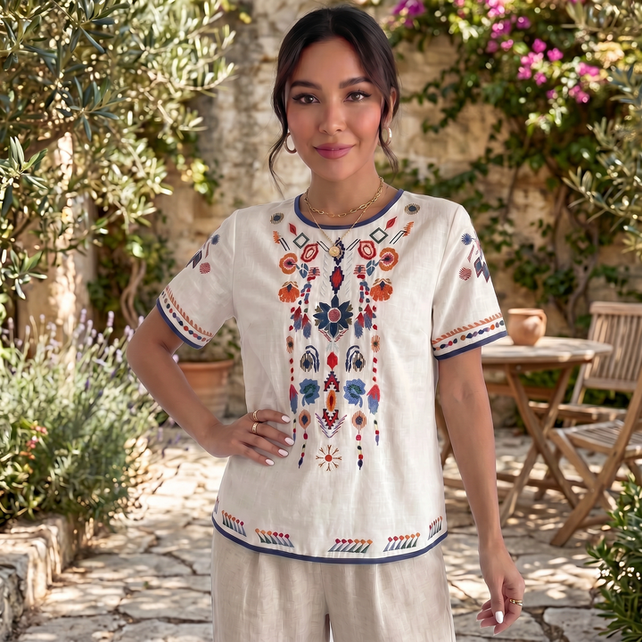 Camiseta Bordada Lino Mujer