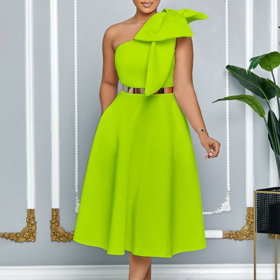 Vestido midi mujer con lazo en un hombro estilo elegante - Mireya