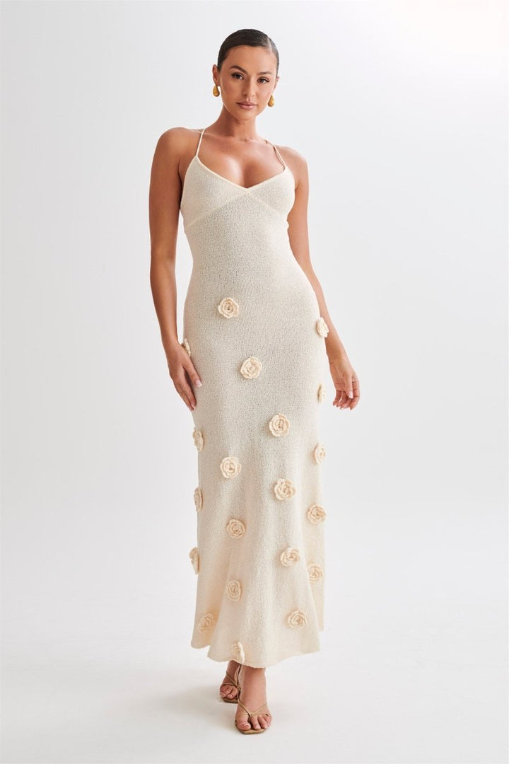 Hilara - maxi vestido de punto floral con cuello en V