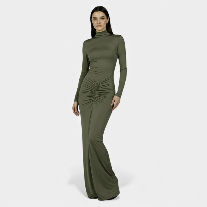 Vestido Plisado Elegante Mujer: Cintura Alta, Manga Larga y Confortable