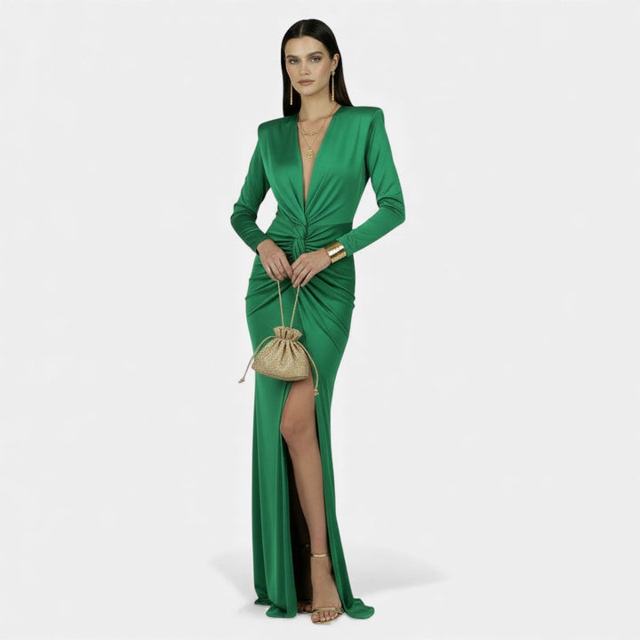 Vestido Elegante Mujer Cuello V Encaje - Color Liso de Cintura Alta