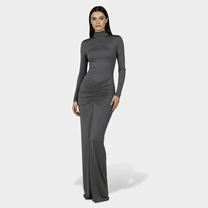 Vestido Plisado Elegante Mujer: Cintura Alta, Manga Larga y Confortable