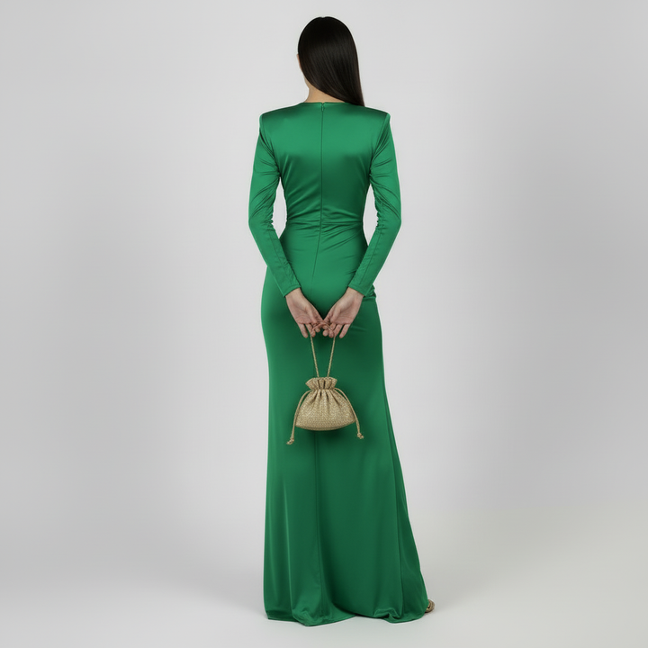 Vestido Elegante Mujer Cuello V Encaje - Color Liso de Cintura Alta