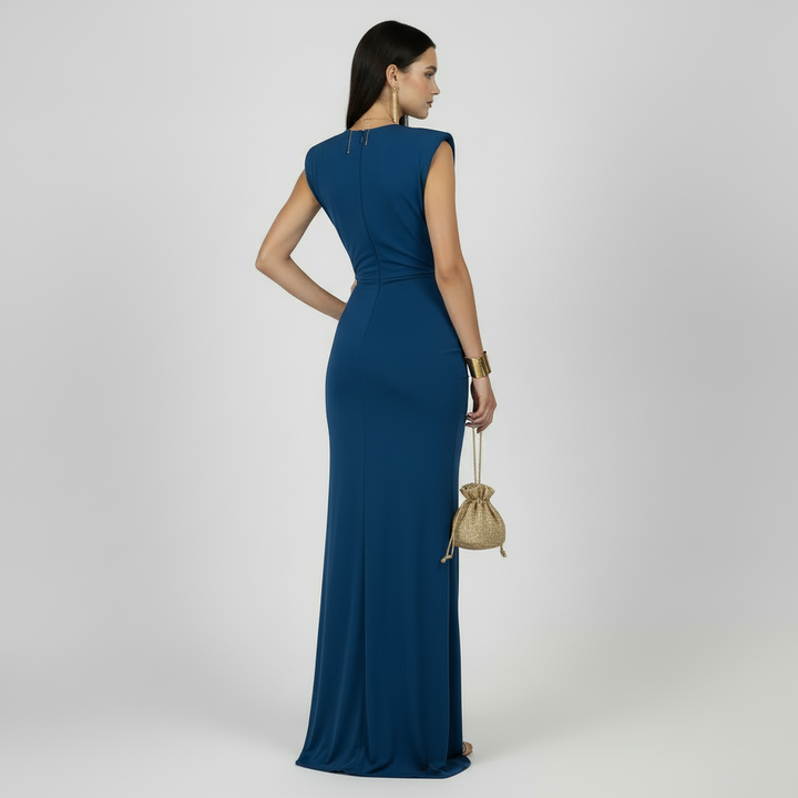 Vestido Elegante Mujer Cuello V Encaje - Color Liso de Cintura Alta
