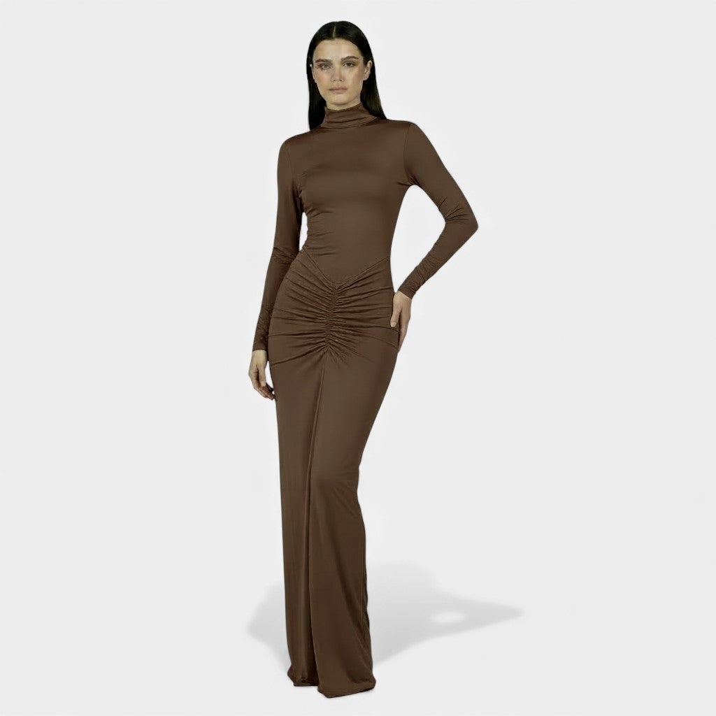 Vestido Plisado Elegante Mujer: Cintura Alta, Manga Larga y Confortable