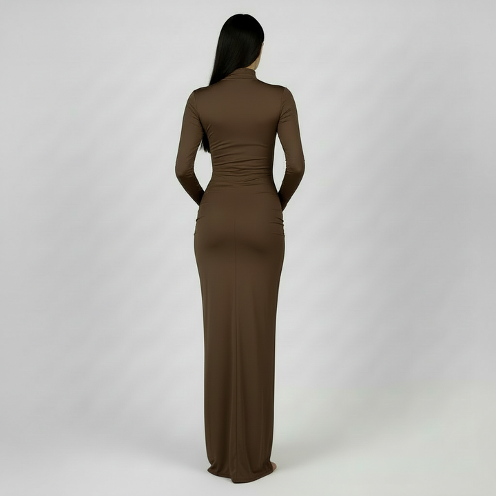 Vestido Plisado Elegante Mujer: Cintura Alta, Manga Larga y Confortable