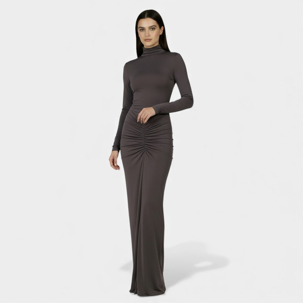 Vestido Plisado Elegante Mujer: Cintura Alta, Manga Larga y Confortable