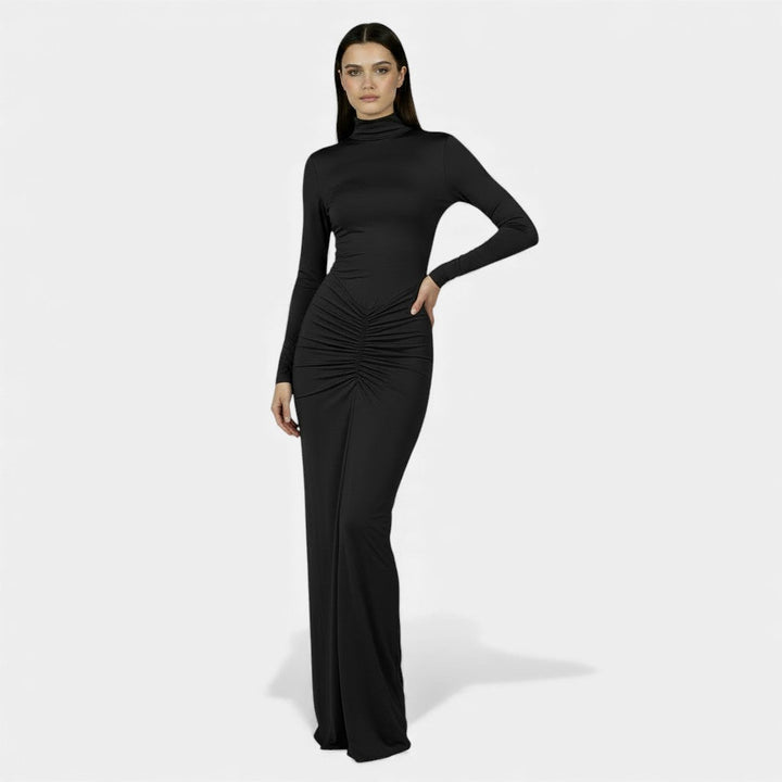 Vestido Plisado Elegante Mujer: Cintura Alta, Manga Larga y Confortable