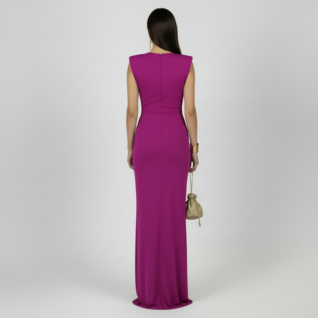 Vestido Elegante Mujer Cuello V Encaje - Color Liso de Cintura Alta