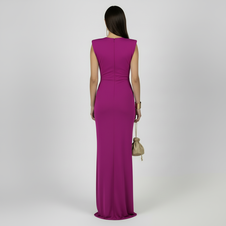 Vestido Elegante Mujer Cuello V Encaje - Color Liso de Cintura Alta