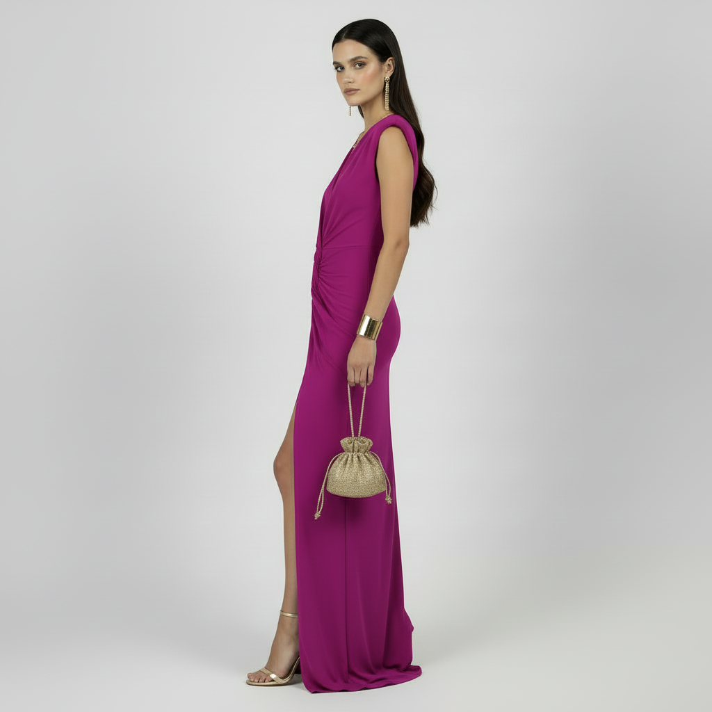 Vestido Elegante Mujer Cuello V Encaje - Color Liso de Cintura Alta
