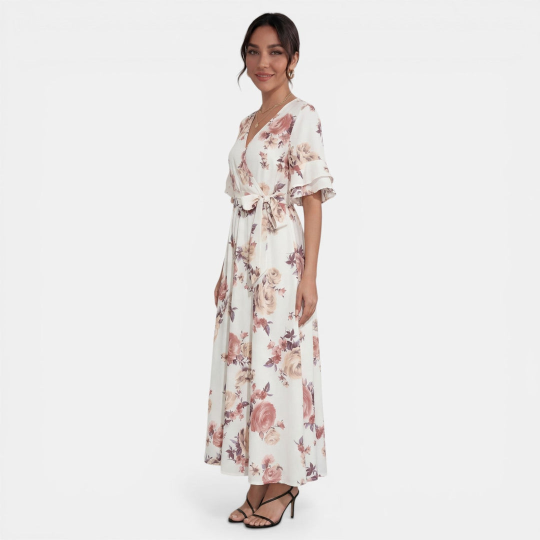 Vestido Midi Blanco Floral Mujer Cuello V