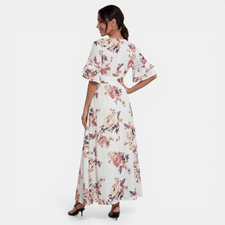 Vestido Midi Blanco Floral Mujer Cuello V