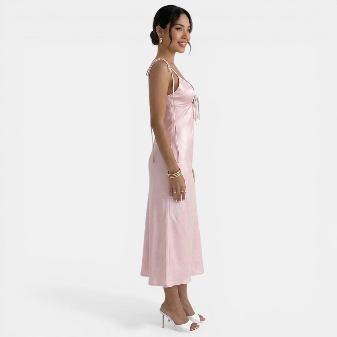 Vestido Midi Rosa Satinado Encaje