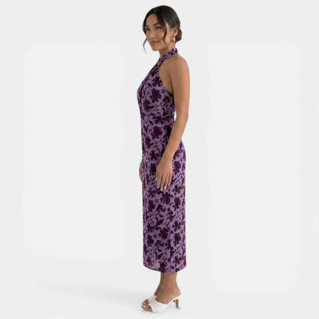 Vestido Midi Floral Violeta Halter Elegante