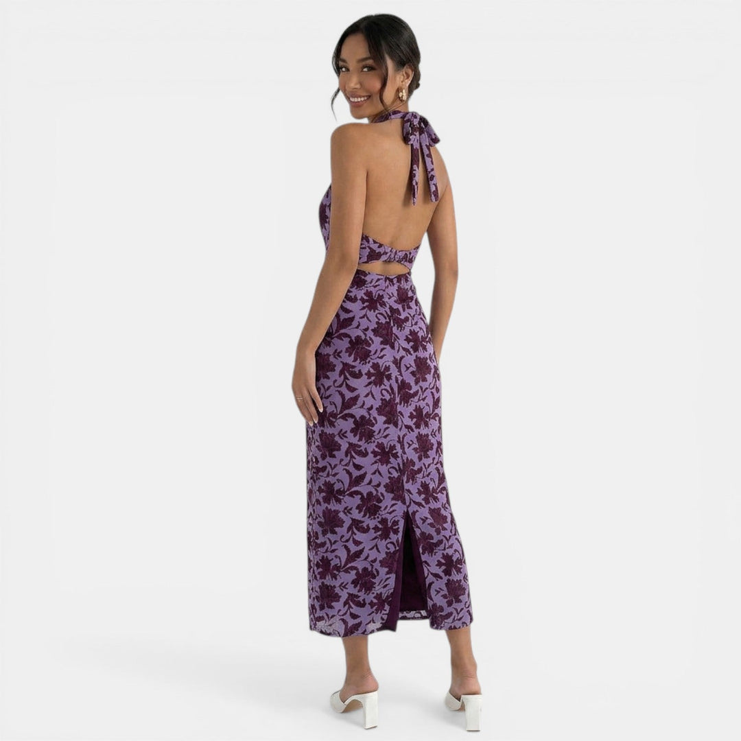 Vestido Midi Floral Violeta Halter Elegante